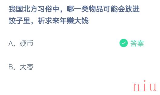 我国北方习俗中，哪一类物品可能会放进饺子里，祈求来年赚大钱